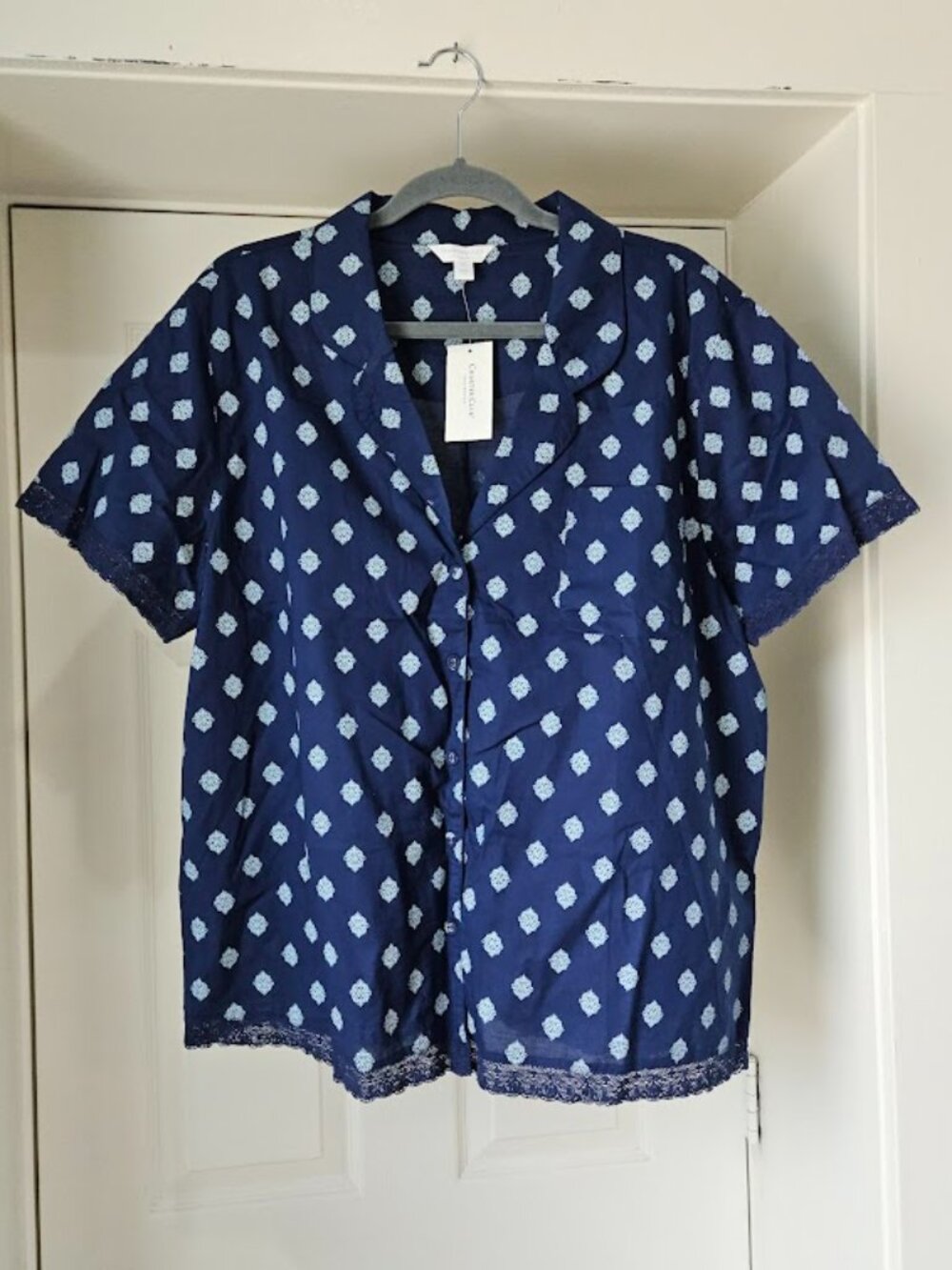 Charter Club Blue Pajama Cotton Sleep Shirt Button Up Navy Lace Top New Tag XL